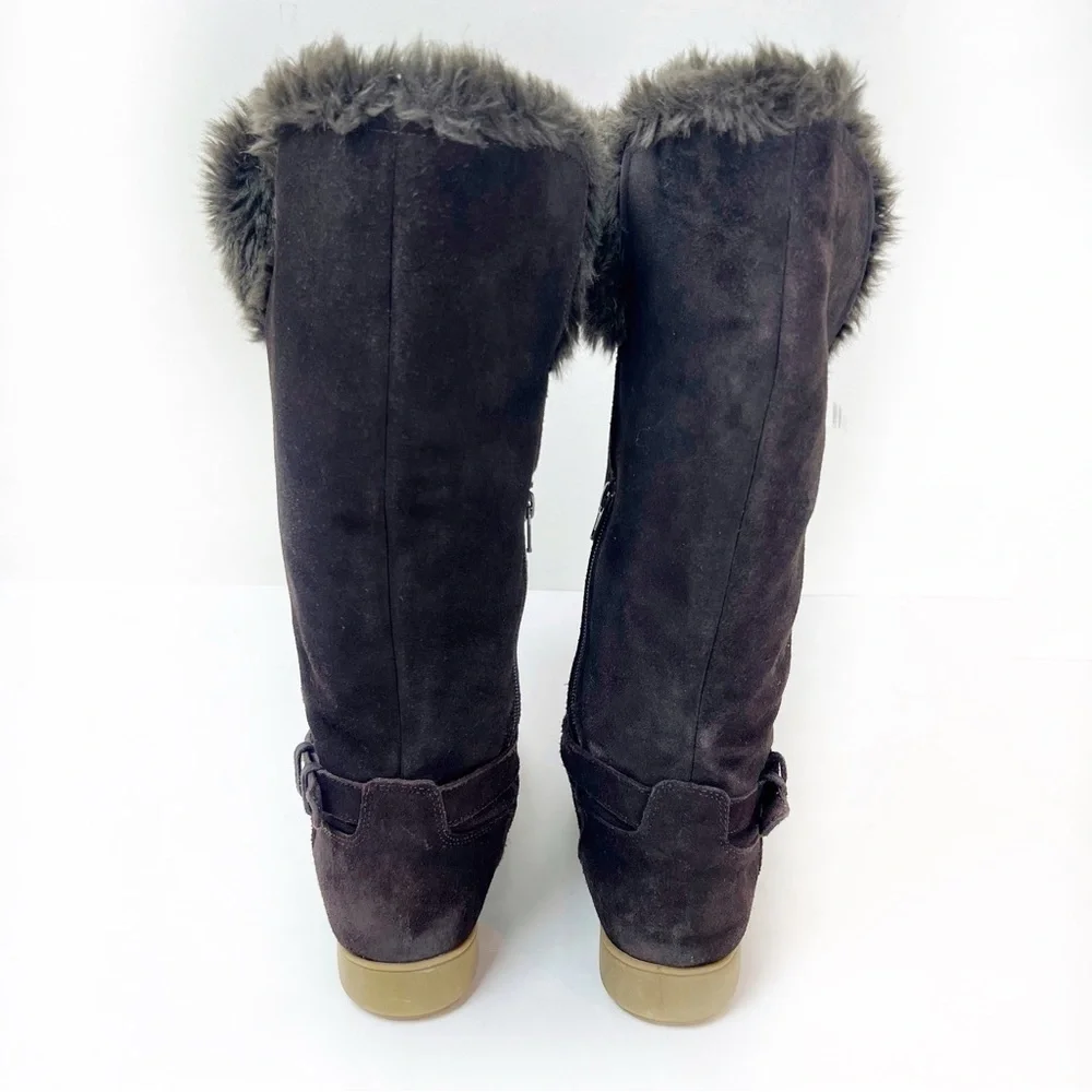 Lands End Mendota Suede Tall Boots Faux Fur 7 Leather Chocolate Brown Cabincore